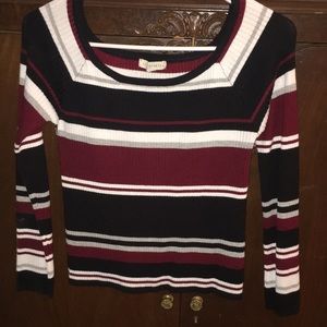Off the should black white and red cropped sweater